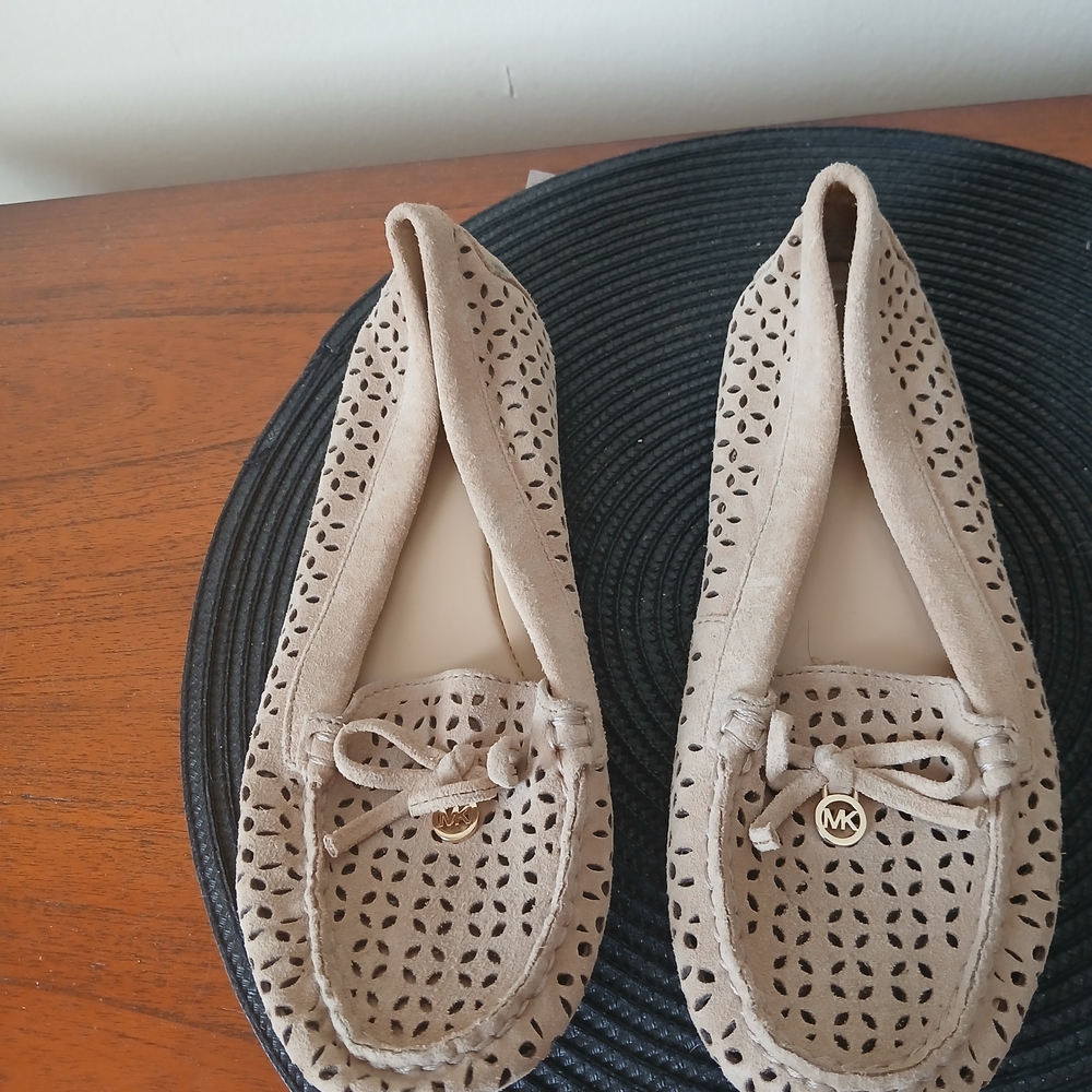 Michael Kors Taupe Laser-Cut Suede Moccasins with MK Charm
